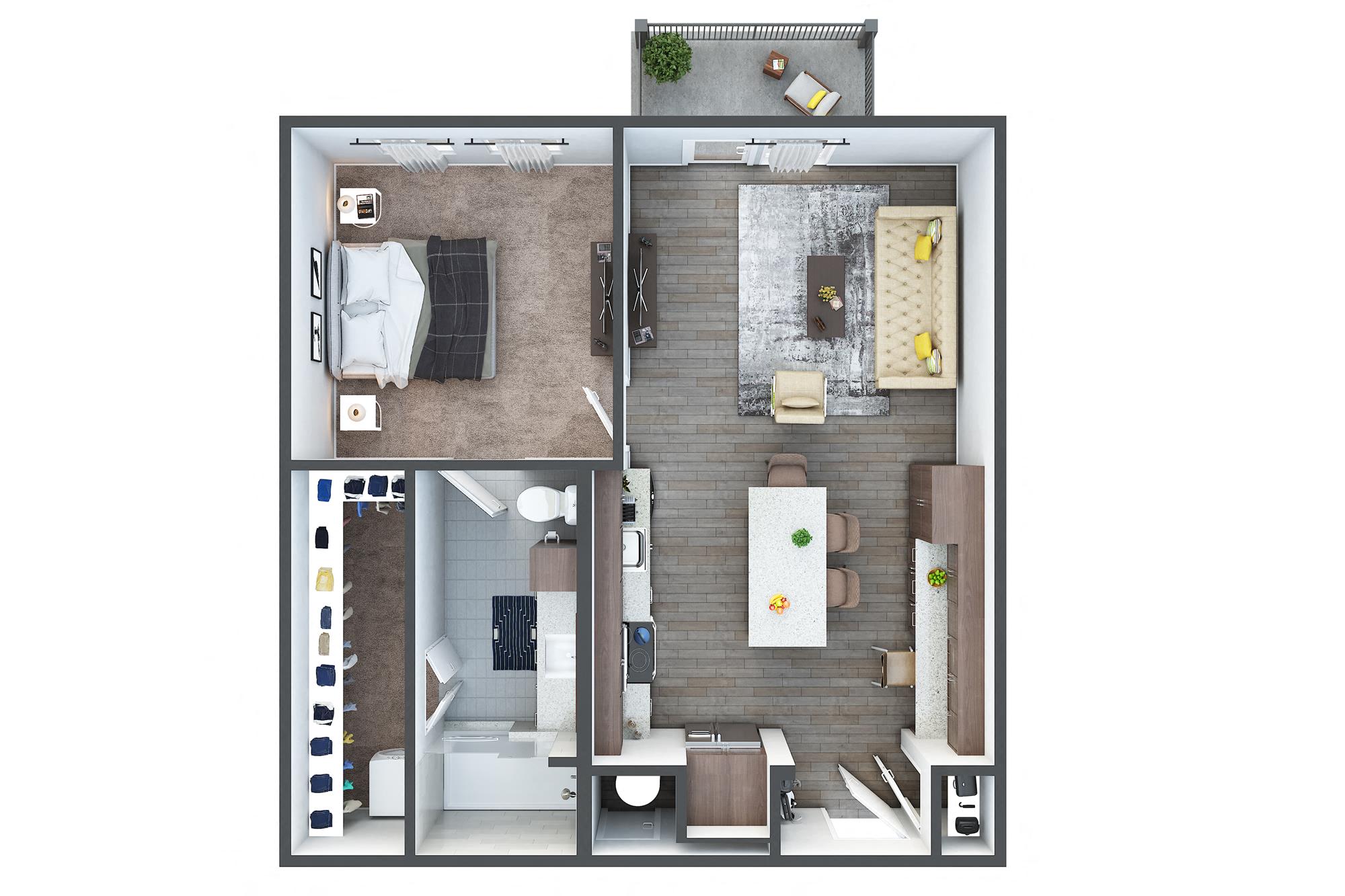 Floor plan for 1 bed, 1 bath, 756 sqft